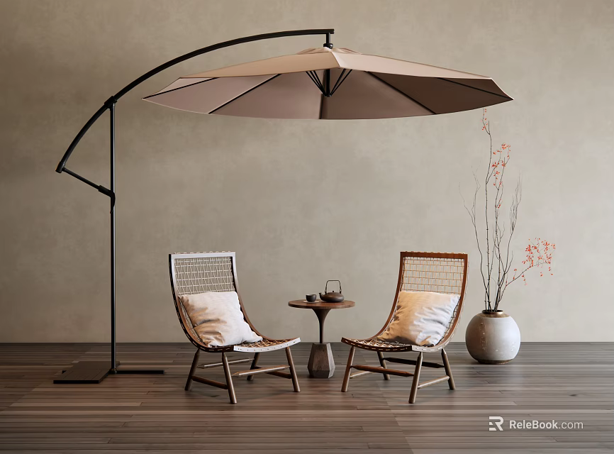 Rattan Woven Outdoor Chairs with Wooden Frame Cushioned Seats Curved Umbrella Side Table and Vase 3d model 