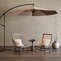 Rattan Woven Outdoor Chairs with Wooden Frame Cushioned Seats Curved Umbrella Side Table and Vase