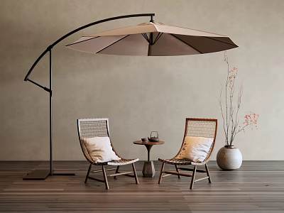 Rattan Woven Outdoor Chairs with Wooden Frame Cushioned Seats Curved Umbrella Side Table and Vase 3d model
