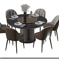 Elegant Round Dining Table Set With Six Beige Chairs Black Tabletop Tableware And Vase 3d model