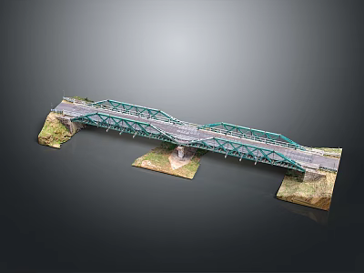 Green Metal Bridge Structure With Roadway And Concrete Foundations Design 3d model