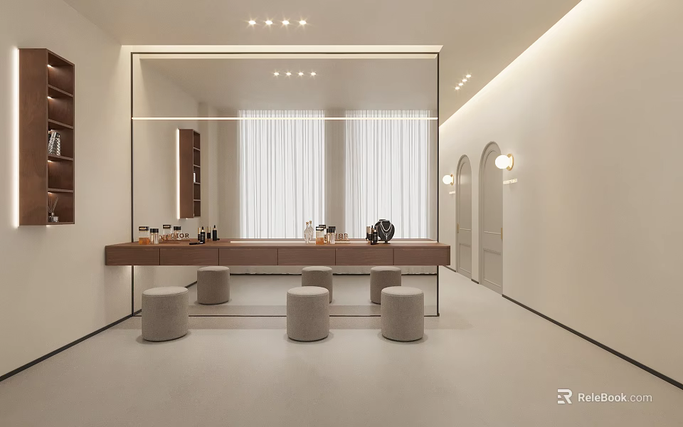 Modern Minimalist Dressing Table Interior With Large Mirror Ceiling Lighting Round Stools And White Curtains 3d model