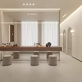 Modern Minimalist Dressing Table Interior With Large Mirror Ceiling Lighting Round Stools And White Curtains 3d model