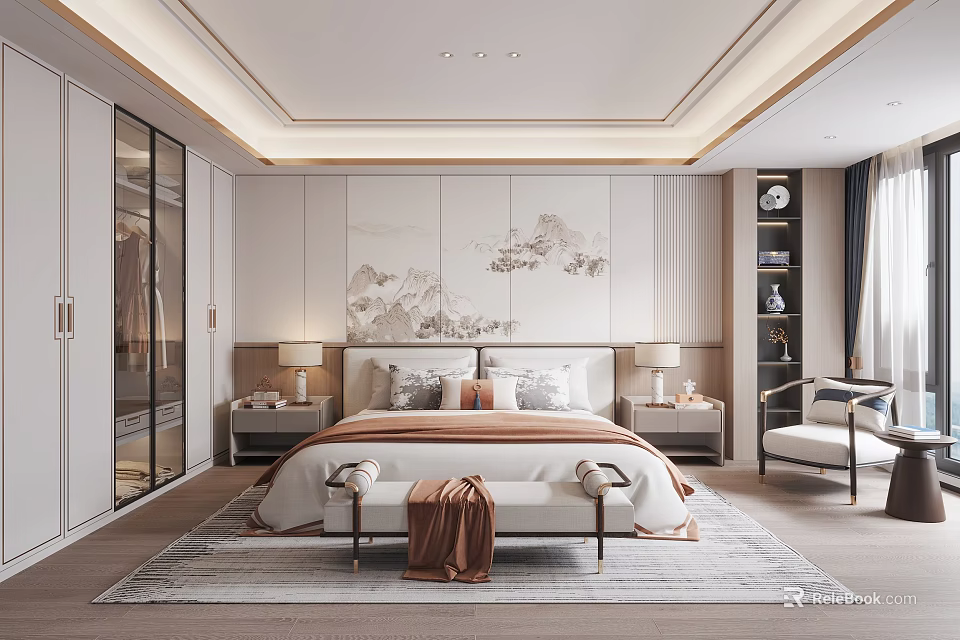 Chinese Style Bedroom Interior Design With Mountain Painting Backdrop Large Bed And Bedside Tables 3d model 
