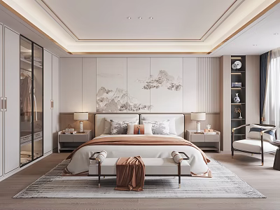 Chinese Style Bedroom Interior Design With Mountain Painting Backdrop Large Bed And Bedside Tables 3d model