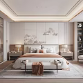 Chinese Style Bedroom Interior Design With Mountain Painting Backdrop Large Bed And Bedside Tables