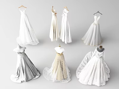 Elegant Long Wedding Dresses With Lace Design Displayed On Mannequins And Hangers 3d model