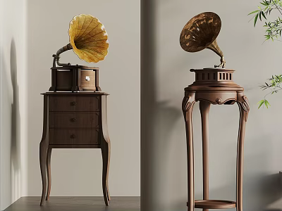 Vintage Gramophones On Wooden Cabinet And Pedestal Stand With Classic Horns 3d model