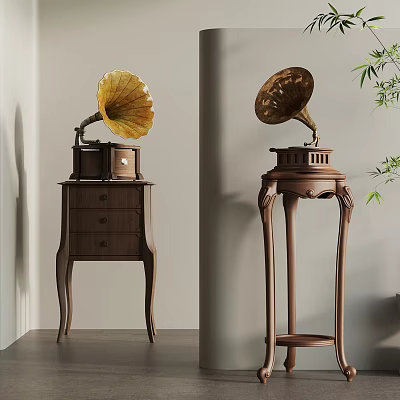 Vintage Gramophones On Wooden Cabinet And Pedestal Stand With Classic Horns 3d model