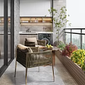 Modern Home Balcony With Outdoor Furniture Green Plants Glass Doors Wooden Ceiling And City View