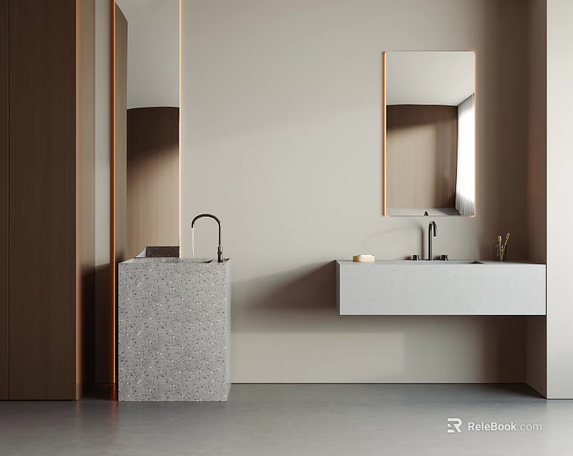Stylish Gray Stone Column and White Wall Mounted Sinks with Mirrors and Wooden Panel on Beige Wall 3d model 