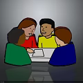 Group Of Cartoon Creatures Sitting Around Table Discussing With White Paper And Colored Outfits
