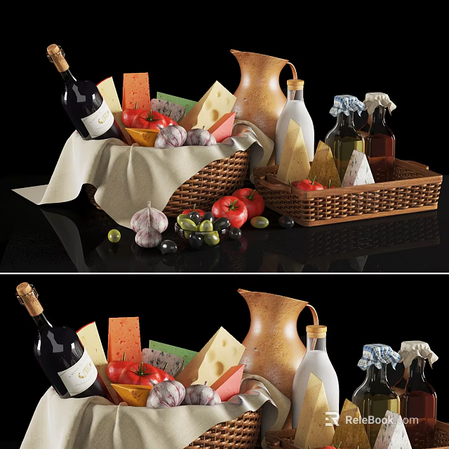 Assorted Food Collection with Wine Bottle Cheeses Tomatoes Garlic Olives and Olive Oil in Baskets 3d model 