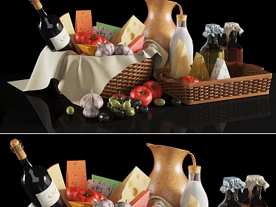 Assorted Food Collection with Wine Bottle Cheeses Tomatoes Garlic Olives and Olive Oil in Baskets 3d model
