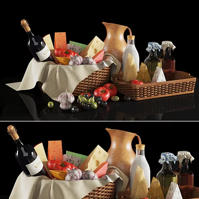 Assorted Food Collection with Wine Bottle Cheeses Tomatoes Garlic Olives and Olive Oil in Baskets 3d model