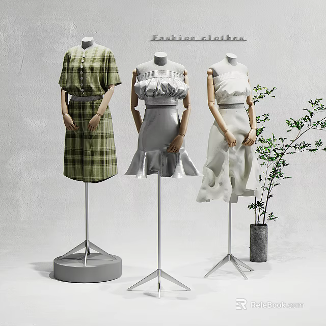Three Mannequins Displaying Green Plaid Gray Off Shoulder White Dresses Against Gray Wall With Plant 3d model 