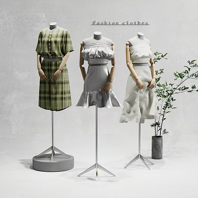 Three Mannequins Displaying Green Plaid Gray Off Shoulder White Dresses Against Gray Wall With Plant 3d model