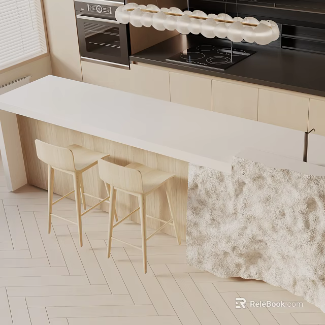 Modern Dining Table Set With White Countertop And Light Wooden Bar Chairs 3d model 