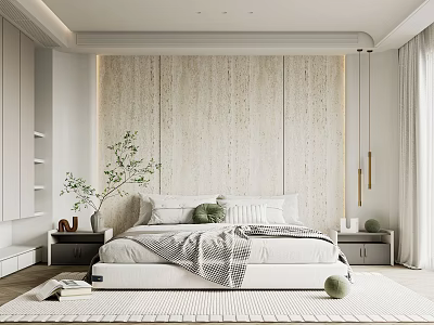 Modern Bedroom Interior With Wooden Accent Wall White Bed Green Plant And Pendant Lights 3d model