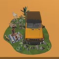 Family Enjoying Camping Picnic With Yellow SUV And Outdoor Nature Setup