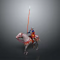 Man Riding White Horse In Armor Holding Spear With Red Decorations