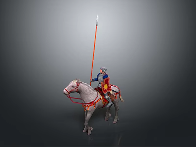 Man Riding White Horse In Armor Holding Spear With Red Decorations 3d model