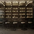 Elegant Bar Interior With Dark Wooden Counter High Stools And Illuminated Glassware Shelves