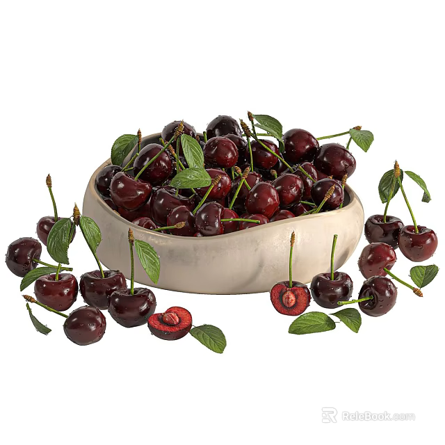 Fresh Ripe Cherries in White Bowl with Scattered Green Leaves and Sliced Pieces 3d model 