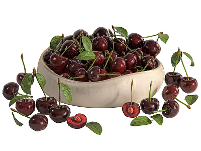 Fresh Ripe Cherries in White Bowl with Scattered Green Leaves and Sliced Pieces 3d model