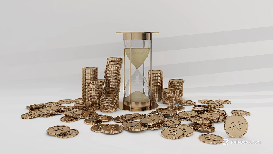 Decorative Ornament Set With Golden Hourglass Stacked And Scattered Coins 3d model 