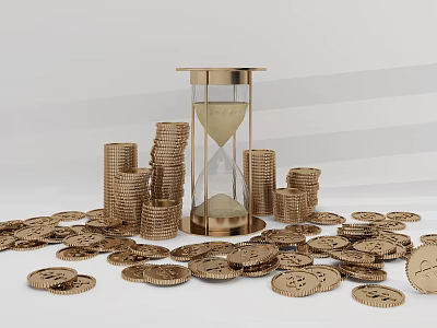 Decorative Ornament Set With Golden Hourglass Stacked And Scattered Coins 3d model