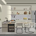 Modern Kitchen Interior Design With Wine Cooler Dining Table Chairs Mosaic Backsplash And Cabinets 3d model