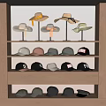 Fashionable Hats Display On Wooden Shelf With Wide Brimmed Styles And Marvel Baseball Caps
