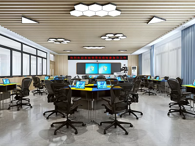 School Computer Classroom With Modern Setup Computers On Desks And Interactive Whiteboard 3d model