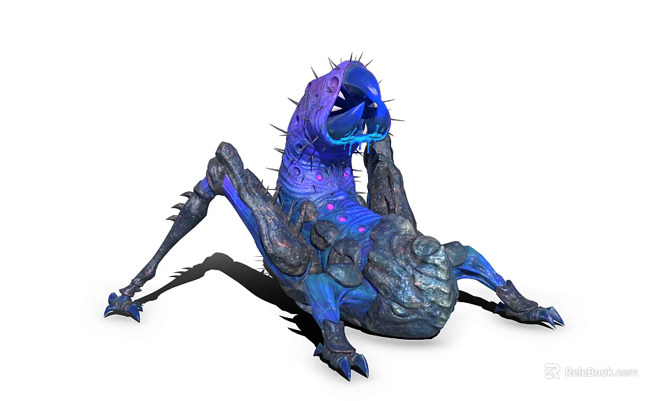 Game And Movie Fantasy Creature Character With Blue Purple Spikes Glowing Patterns And Sharp Legs 3d model 