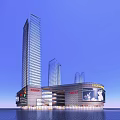 Modern Commercial Complex with Tall Glass Facades Shopping Mall and Office Towers in Urban Skyline