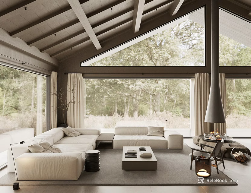Serene Living Room Interior With Large Windows Woodland View Wooden Beam Ceiling And White Sofa 3d model 