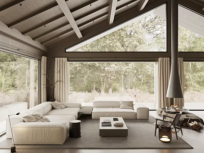 Serene Living Room Interior With Large Windows Woodland View Wooden Beam Ceiling And White Sofa 3d model