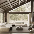Serene Living Room Interior With Large Windows Woodland View Wooden Beam Ceiling And White Sofa