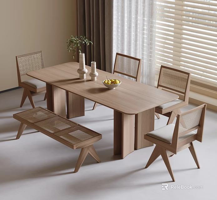 Minimalist Rectangular Wooden Dining Table and Chair Set with Rattan Backrest and Bench in Bright Space 3d model 