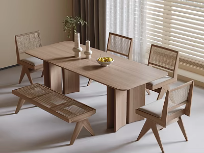 Minimalist Rectangular Wooden Dining Table and Chair Set with Rattan Backrest and Bench in Bright Space 3d model