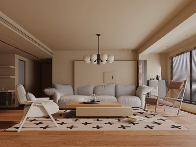 Modern Minimalist Living Room With Light Gray Sofa White Chair Wooden Floor And Chandelier Rug 3d model
