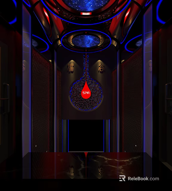 Starry Ceiling Space Featuring Red EMR Pendant And Blue Lighting Decor 3d model