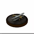 White And Yellow Model Airplane With Black Crosses On Round Gray Base