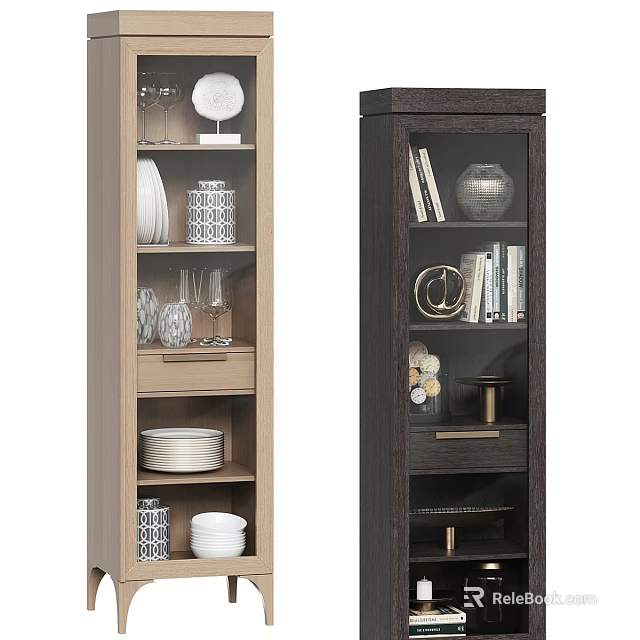 Modern Sideboard Cabinet With Light And Dark Wood Design Plates Glasses Books And Decorative Items 3d model 