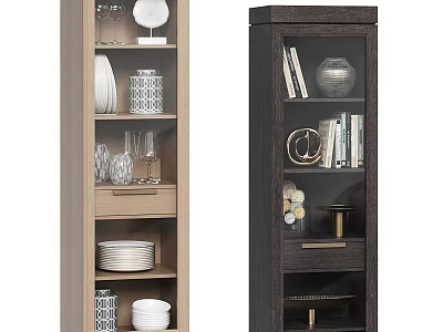 Modern Sideboard Cabinet With Light And Dark Wood Design Plates Glasses Books And Decorative Items 3d model