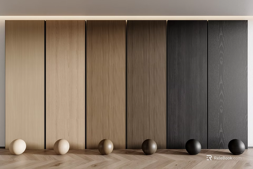 Various Colored Wooden Wall Panels Arranged With Spheres On Herringbone Wooden Floor 3d model 