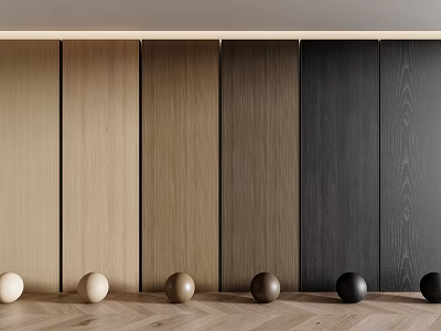 Various Colored Wooden Wall Panels Arranged With Spheres On Herringbone Wooden Floor 3d model