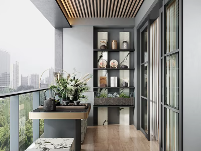 Modern Home Balcony With Wooden Slat Ceiling Black Table Green Plants And Decorative Shelf 3d model