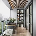 Modern Home Balcony With Wooden Slat Ceiling Black Table Green Plants And Decorative Shelf